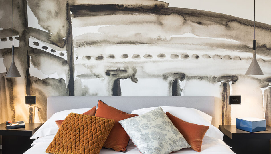 agata suite bedroom with artist wallpaper hotel plaza opera